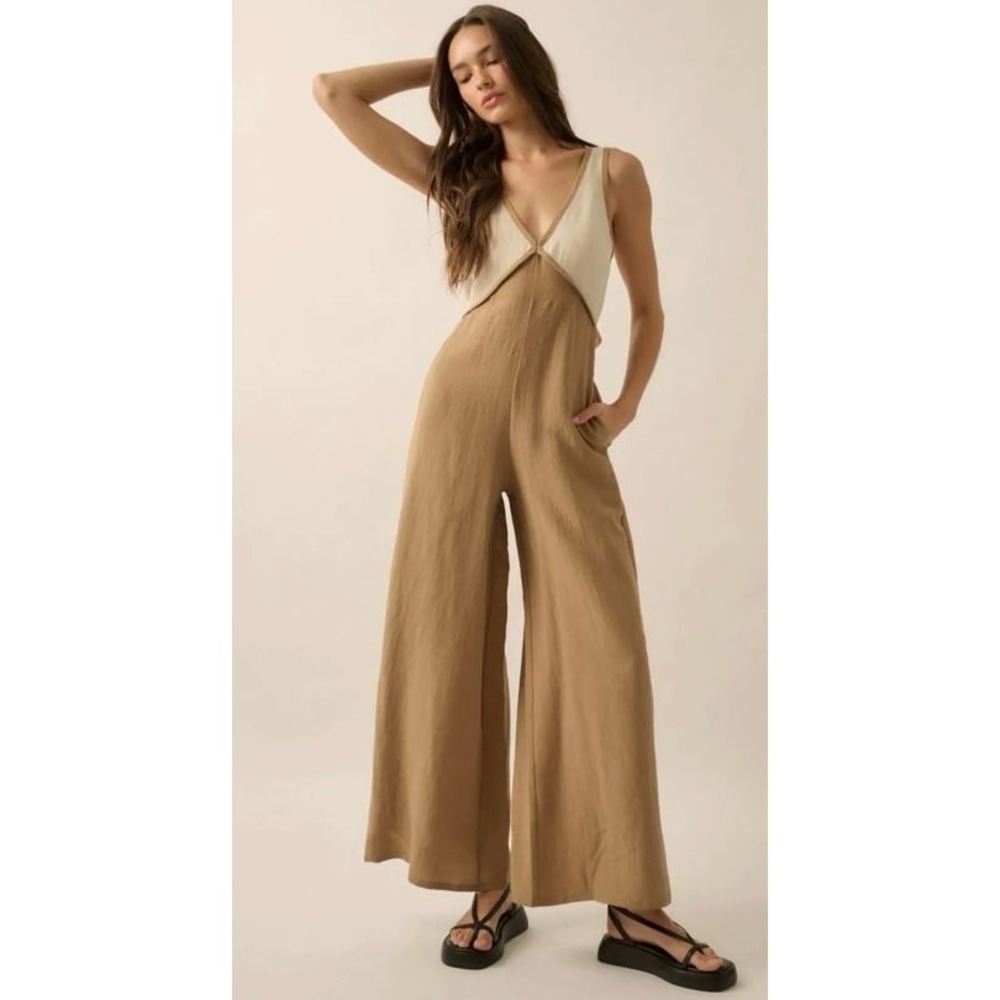 Promesa Second Nature Colorblock Linen-Blend Jumpsuit Wide Leg Boho‎ Sz S NWT
